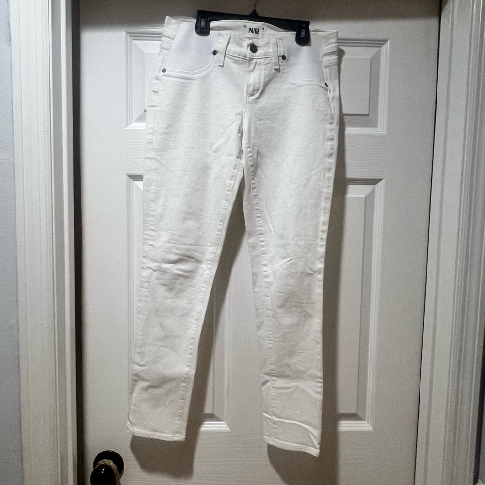 PAIGE White Straight Leg Jeans with Distressed Design